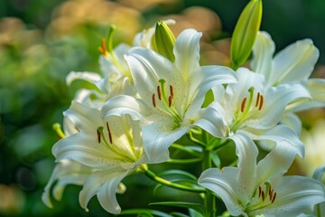Fototapeta premium Delicate white lilies are basking in the warm sunlight of a summer garden