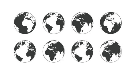Global earth views set showing continents and oceans different perspectives globe representation vector