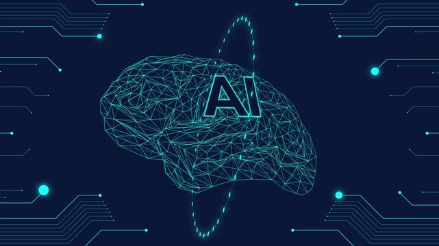 Stop motion animation. Digital brain made of glowing network lines with AI text in center. Concept of machine learning, data processing for technology branding, IT visuals, and education design. - Powered by Adobe
