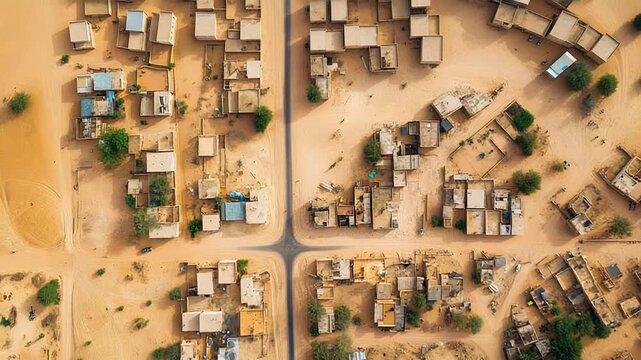 Aerial view of a desert village crossroads
