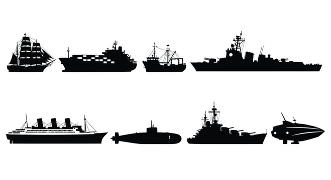 Diverse set of silhouette ships including battleship freighter yacht and submarine vector