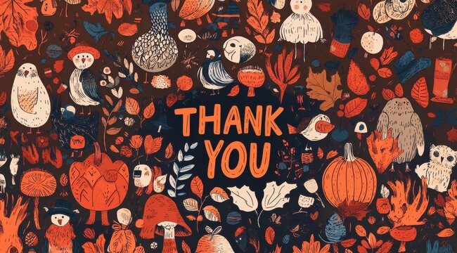 Autumn themed thank you illustration with pumpkins and colorful leaves