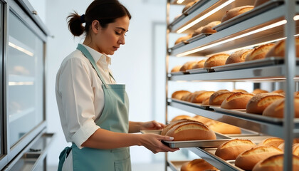 Woman in bakery inspecting freshly baked loaves on racks with copy space for artisan bread and baking process