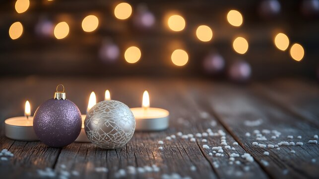 Festive holiday Christmas decoration with ornaments, candles and blurred light background