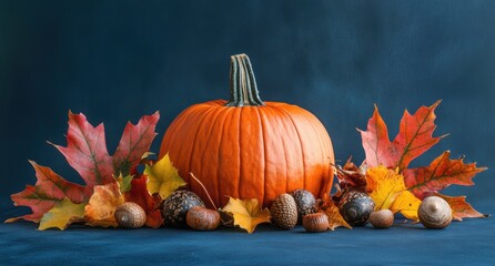 Autumn still life with pumpkin, acorns, and vibrant fall leaves