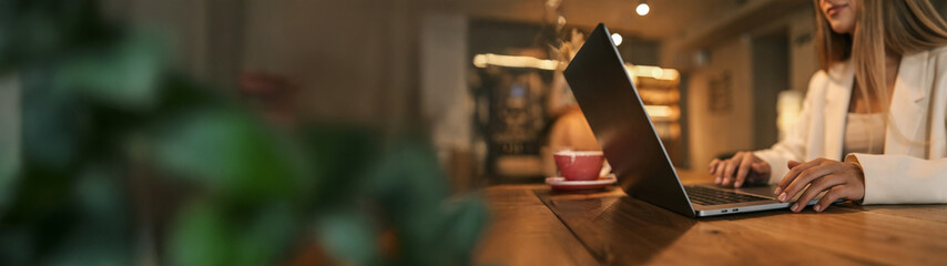 Woman working on laptop in a cafe, wide shot
