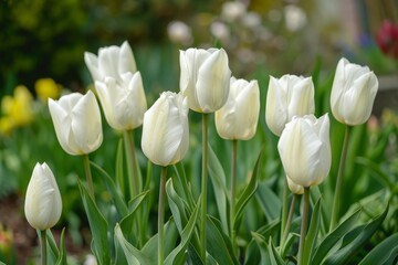 Beautiful white tulips growing in a garden, celebrating the arrival of spring