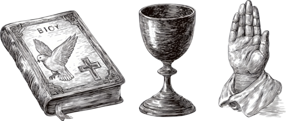 Holy bible, chalice, and hand symbols of christianity religion faith
