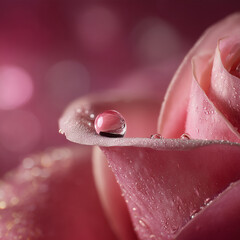 A close-up, hyper-realistic dewdrop on a pristine rose petal, symbolizing skin vitality.