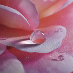 A close-up, hyper-realistic dewdrop on a pristine rose petal, symbolizing skin vitality.