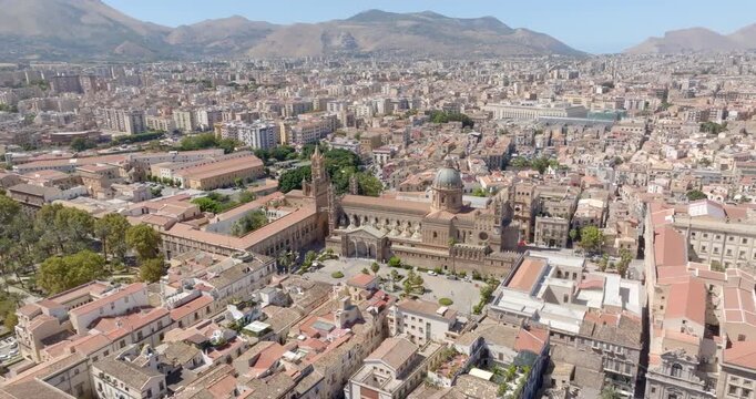 Aerial view of facade of the Palermo Cathedral. It is the cathedral church of the Roman Catholic Archdiocese of Palermo, located in Sicily, Italy. It is dedicated to the Assumption of the Virgin Mary.