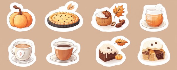 Autumn food and drink sticker sheet with seasonal treats and beverages