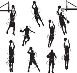 Male Basketball Player Silhouette Set – Motion-Line Action Poses (Dunks, Shots, Hoops – Black & White Graphic) © Nurani