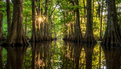 Sunlight filters through trees reflecting in tranquil, still water