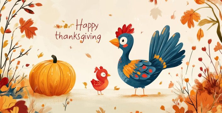 Charming thanksgiving illustration with cute birds and a pumpkin - Powered by Adobe