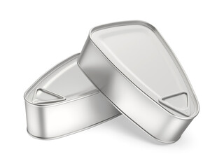 Two tin cans with ham, fish, or other food on white background