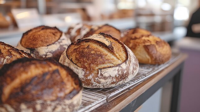 Freshly baked sourdough bread loaves cooling on a metal rack bakery display