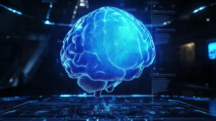 Human brain hologram projecting digital data technology - Powered by Adobe