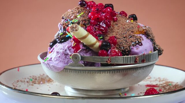 Balls of chocolate ice cream in a metal bowl slowly rotate against a brightly colored background.