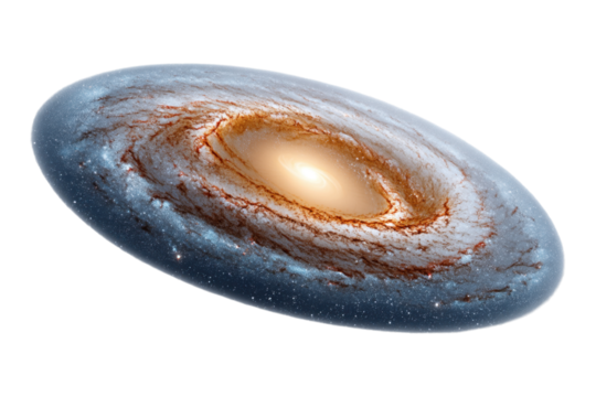 Explore the luminous core of a bright spiral galaxy in deep space structure, isolated on transparent background, PNG
