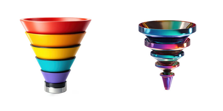 Abstract comparison of two marketing funnels with multiple stages, one vibrant rainbow colored and one iridescent metallic