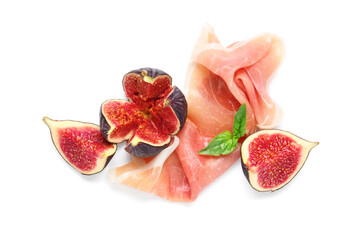 Delicious prosciutto slice with fresh figs and basil leaves on white background