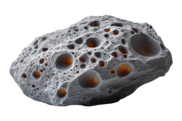 Close-up view of irregularly shaped asteroid unique textures in cosmic environment, isolated on transparent background, PNG