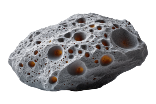 Close-up view of irregularly shaped asteroid unique textures in cosmic environment, isolated on transparent background, PNG