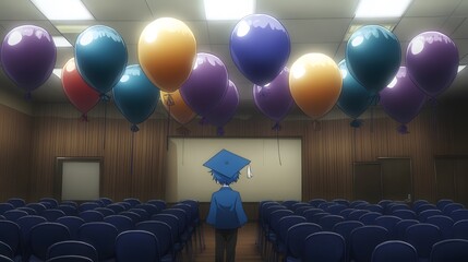 Lonely Graduation Ceremony, Boy in Cap and Gown in Empty Hall with Balloons