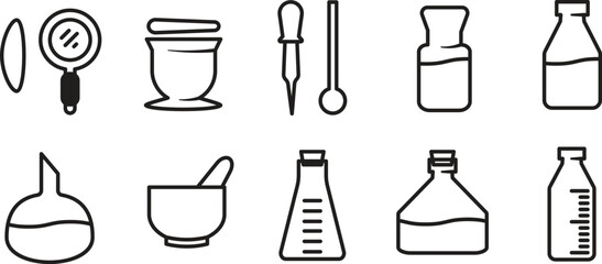 Apothecary and laboratory icon set: includes beakers, graduated flasks, mortar and pestle, mirror, jars, and pipette. Black outline vector graphic elements for science, pharmacy, cosmetic