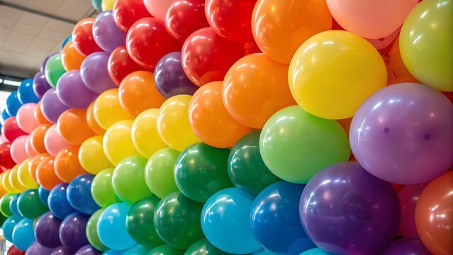 Vibrant rainbow balloons create a playful party atmosphere perfect for celebrations and colorful designs