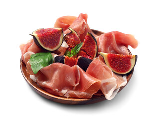 Wooden plate with delicious prosciutto slices, fresh figs and basil leaves on white background