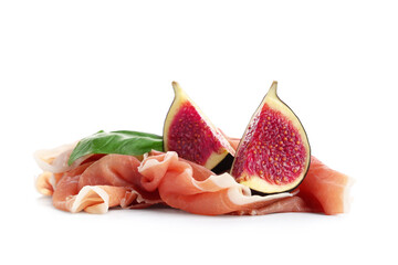 Delicious prosciutto slices with fresh fig and basil leaf on white background