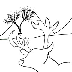 Drawing of a deer with antlers in a landscape with mountains and a tree.