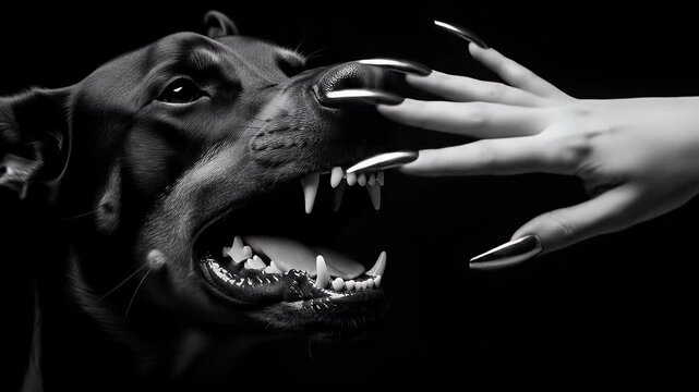 Intense Black and White Close-Up of Aggressive Doberman and Hand with Long Nails.