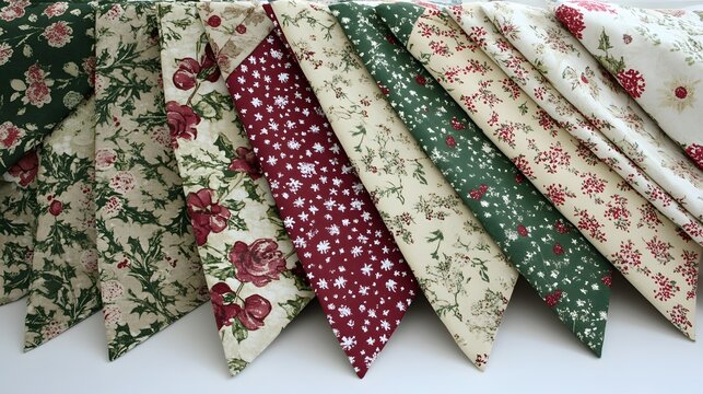 Assorted floral patterned fabrics in green, cream and red for festive season
