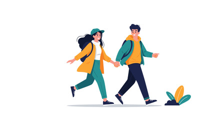 Fototapeta premium A couple walking outdoors holding hands with backpacks on.