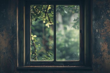 Fototapeta premium Green foliage growing over an old dusty window in an abandoned house