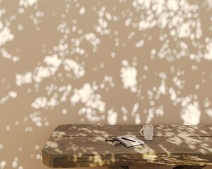 Golden hour minimalist workspace with coffee, notebook, and abstract leaf shadow on rustic wooden table.