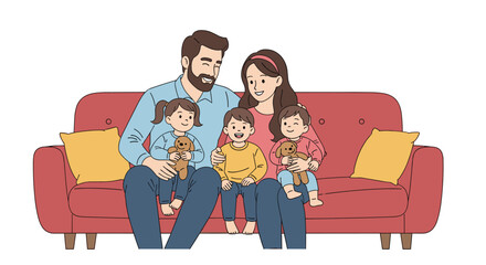 A loving family of five sits together on a cozy red couch.