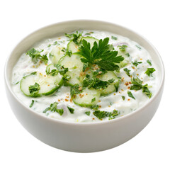 Creamy yogurt dip with cucumber onion and parsley on transparent background