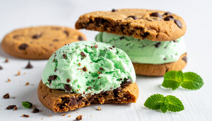 Mint ice cream sandwich between chocolate chip cookies