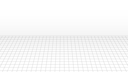 Minimalist background with black grid lines on a white floor creating 3D perspective space