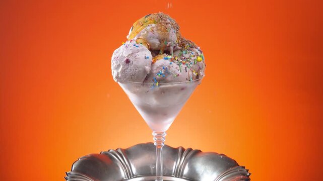 Scoops of vanilla ice cream in a glass, sprinkled with sweets, slowly rotate against a brightly colored background.