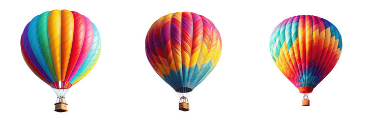 Fototapeta premium Three vibrant hot air balloons floating isolated against a white background