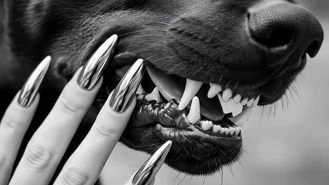 Close-up of a dog snarling with a hand featuring long, sharp nails in black and white.