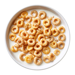 crunchy cereal rings floating in milk on transparent background