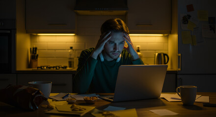 Frustrated man struggling with project deadline on laptop at home.