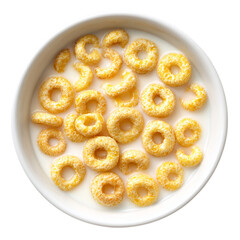 crunchy cereal rings floating in milk on transparent background
