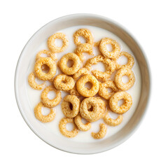 crunchy cereal rings floating in milk on transparent background